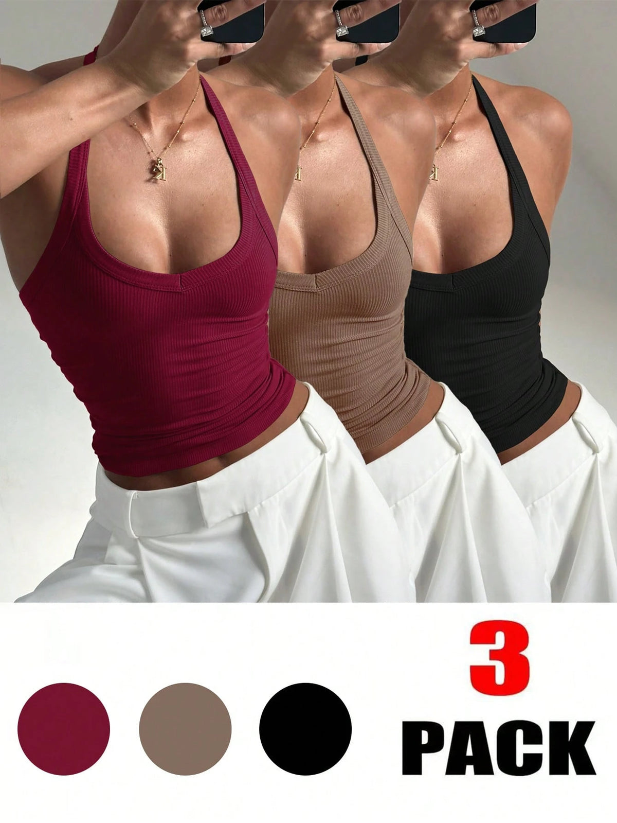 3pcs Women's Casual Sexy Versatile Ribbed Spaghetti Strap Camisole Set, Spring/Summer, Everyday Wear