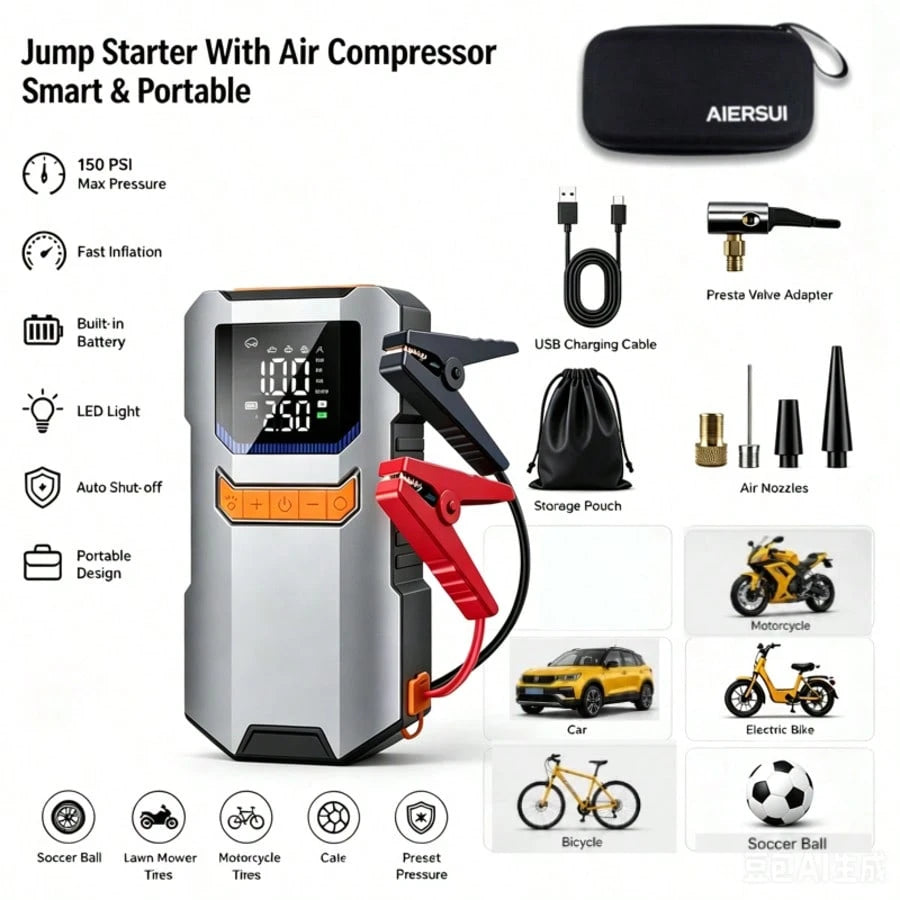 4*1500mAh Large Capacity Battery, Portable Car Jump Starter With Air Pump- 12V Battery Starter, LED Lighting, Fast Charging USB Output, Multiple Protections, Includes Jump Cables, Air Pump And Car Ad
