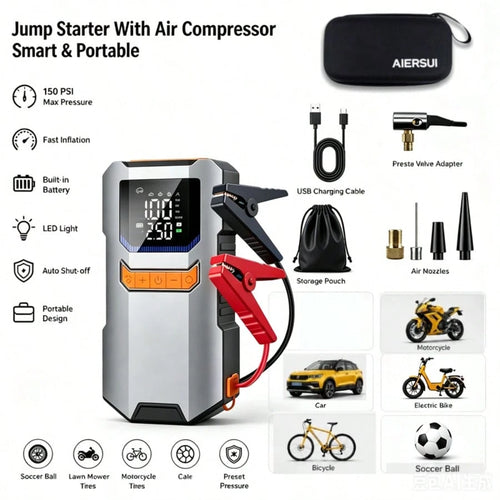 4*1500mAh Large Capacity Battery, Portable Car Jump Starter With Air Pump- 12V Battery Starter, LED Lighting, Fast Charging USB Output, Multiple Protections, Includes Jump Cables, Air Pump And Car Ad
