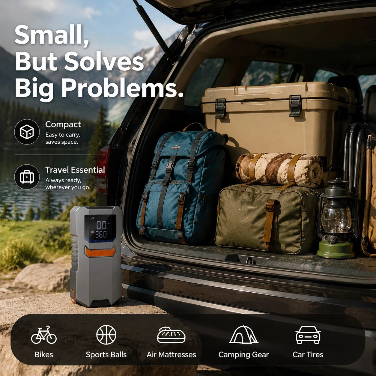 4*1500mAh Large Capacity Battery, Portable Car Jump Starter With Air Pump- 12V Battery Starter, LED Lighting, Fast Charging USB Output, Multiple Protections, Includes Jump Cables, Air Pump And Car Ad