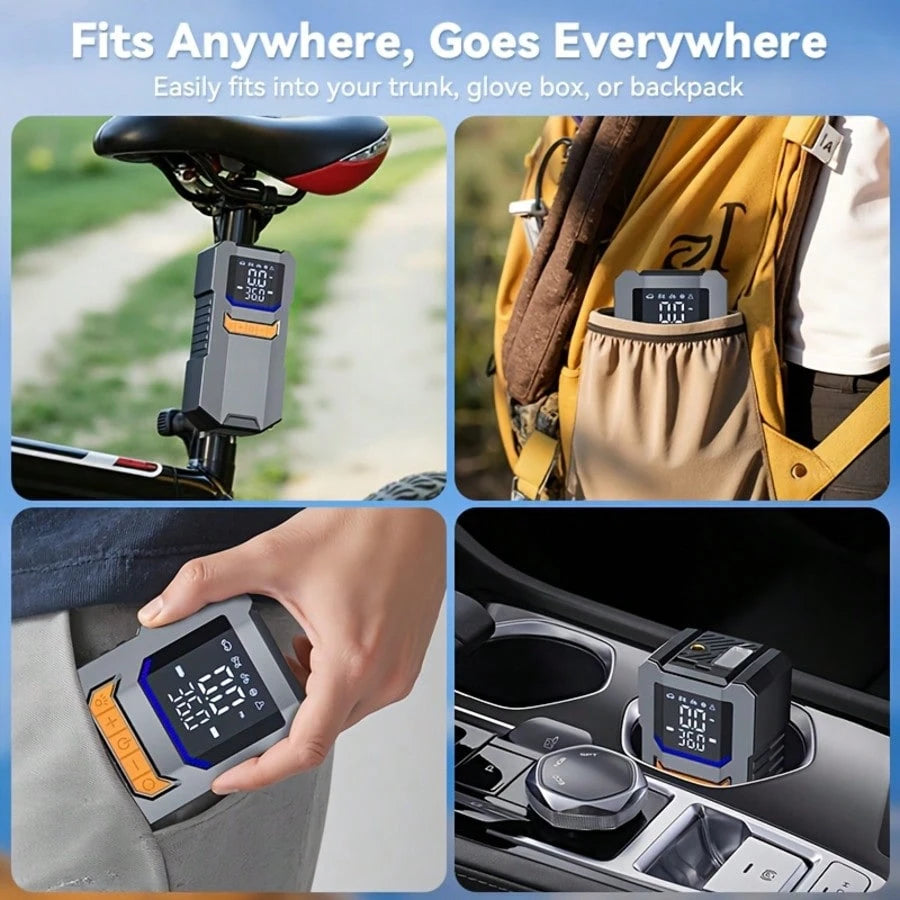 4*1500mAh Large Capacity Battery, Portable Car Jump Starter With Air Pump- 12V Battery Starter, LED Lighting, Fast Charging USB Output, Multiple Protections, Includes Jump Cables, Air Pump And Car Ad
