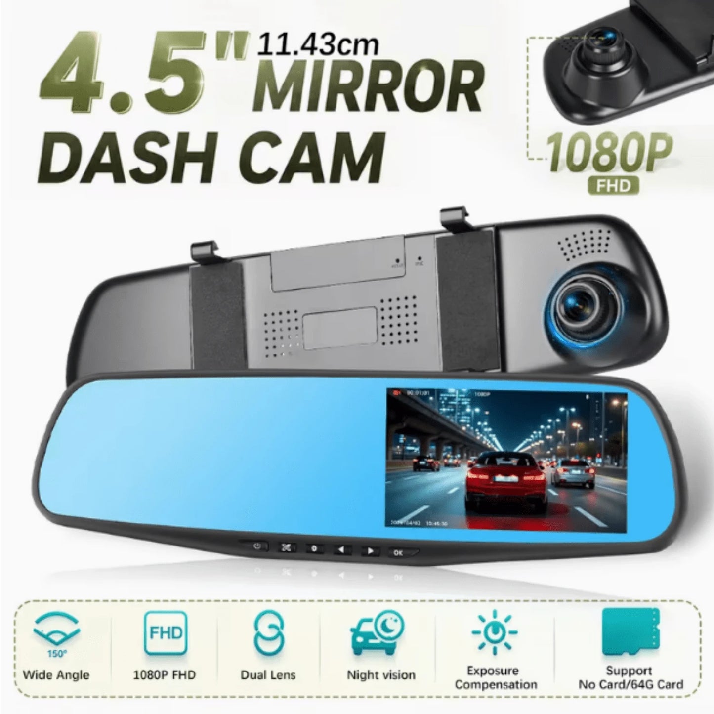 4.5-Inch Rearview Mirror Dash, Full HD 1080P Front & 480P Rear Dual Lens DVR, Front & Rear Recording, Night Vision, Motion Detection, Parking Assistance