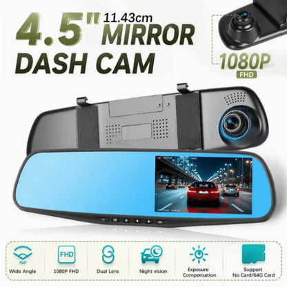 4.5-Inch Rearview Mirror Dash, Full HD 1080P Front & 480P Rear Dual Lens DVR, Front & Rear Recording, Night Vision, Motion Detection, Parking Assistance