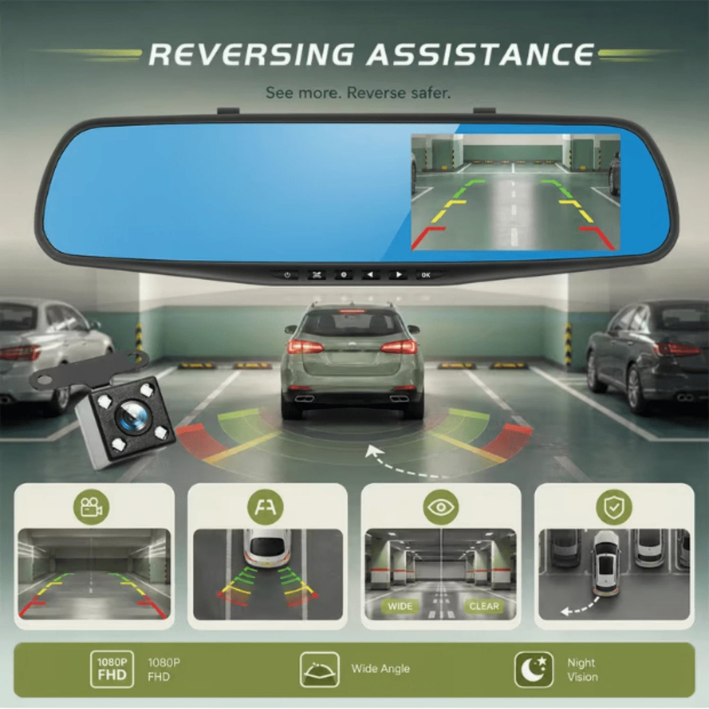 4.5-Inch Rearview Mirror Dash, Full HD 1080P Front & 480P Rear Dual Lens DVR, Front & Rear Recording, Night Vision, Motion Detection, Parking Assistance