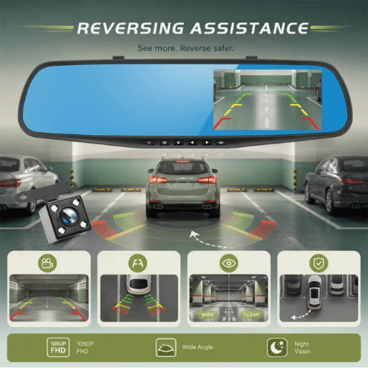 4.5-Inch Rearview Mirror Dash, Full HD 1080P Front & 480P Rear Dual Lens DVR, Front & Rear Recording, Night Vision, Motion Detection, Parking Assistance