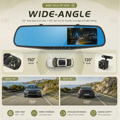 4.5-Inch Rearview Mirror Dash, Full HD 1080P Front & 480P Rear Dual Lens DVR, Front & Rear Recording, Night Vision, Motion Detection, Parking Assistance