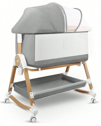 4 In 1 Baby Bassinet Bedside Sleeper, Cradle & Crib With Wheels, Mosquito Net, 7 Adjustable Heights, Storage Basket, Gray