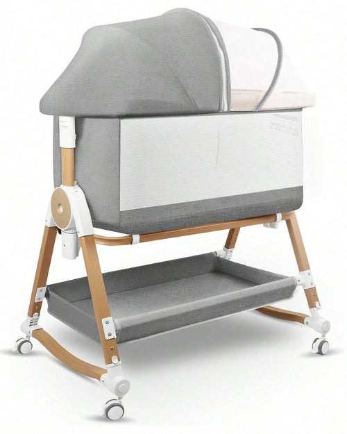 4 In 1 Baby Bassinet Bedside Sleeper, Cradle & Crib With Wheels, Mosquito Net, 7 Adjustable Heights, Storage Basket, Gray