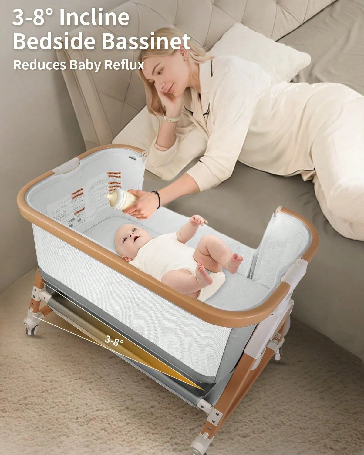 4 In 1 Baby Bassinet Bedside Sleeper, Cradle & Crib With Wheels, Mosquito Net, 7 Adjustable Heights, Storage Basket, Gray