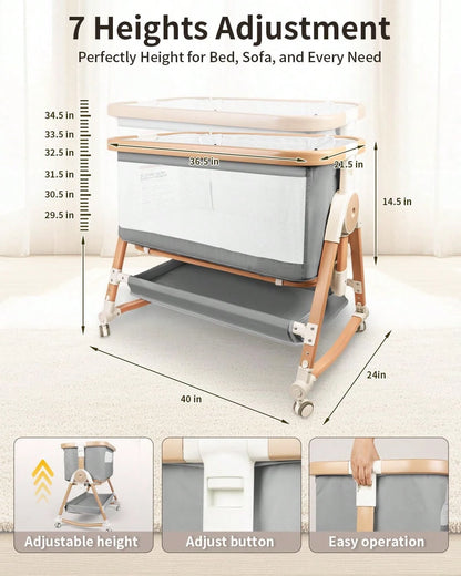 4 In 1 Baby Bassinet Bedside Sleeper, Cradle & Crib With Wheels, Mosquito Net, 7 Adjustable Heights, Storage Basket, Gray