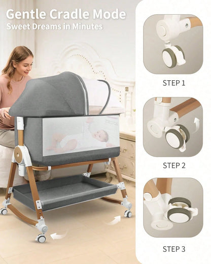 4 In 1 Baby Bassinet Bedside Sleeper, Cradle & Crib With Wheels, Mosquito Net, 7 Adjustable Heights, Storage Basket, Gray