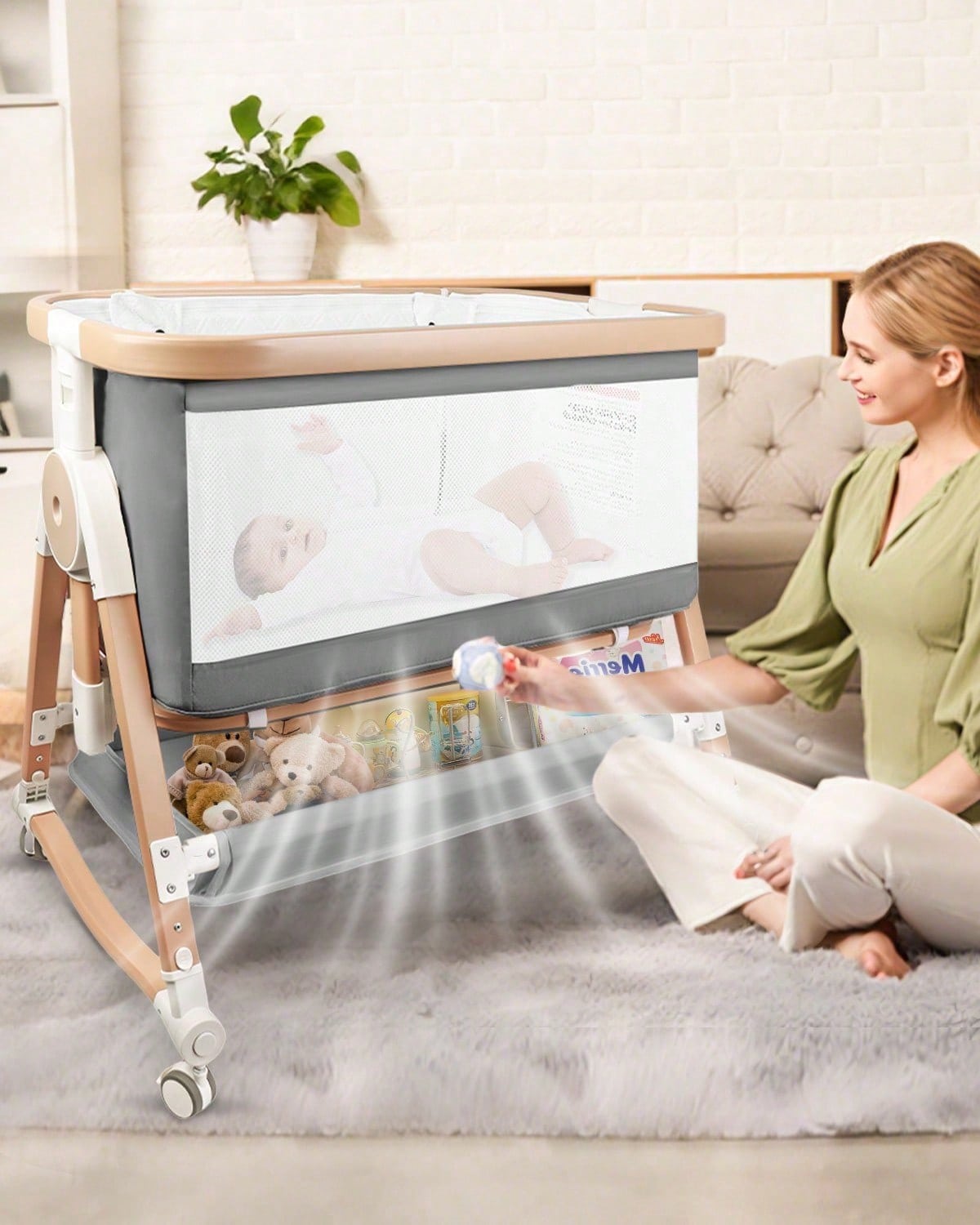 4 In 1 Baby Bassinet Bedside Sleeper, Cradle & Crib With Wheels, Mosquito Net, 7 Adjustable Heights, Storage Basket, Gray