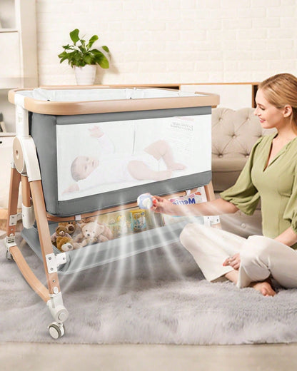 4 In 1 Baby Bassinet Bedside Sleeper, Cradle & Crib With Wheels, Mosquito Net, 7 Adjustable Heights, Storage Basket, Gray