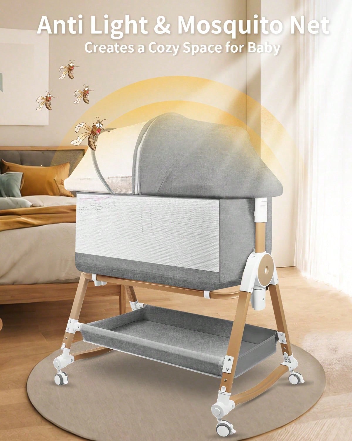4 In 1 Baby Bassinet Bedside Sleeper, Cradle & Crib With Wheels, Mosquito Net, 7 Adjustable Heights, Storage Basket, Gray