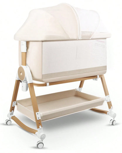 4 In 1 Baby Bassinet Bedside Sleeper, Cradle & Crib With Wheels, Mosquito Net, 7 Adjustable Heights, Storage Basket, Gray
