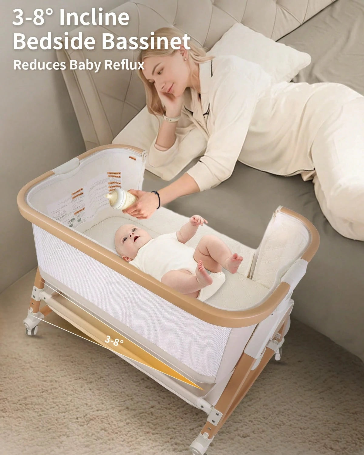 4 In 1 Baby Bassinet Bedside Sleeper, Cradle & Crib With Wheels, Mosquito Net, 7 Adjustable Heights, Storage Basket, Gray