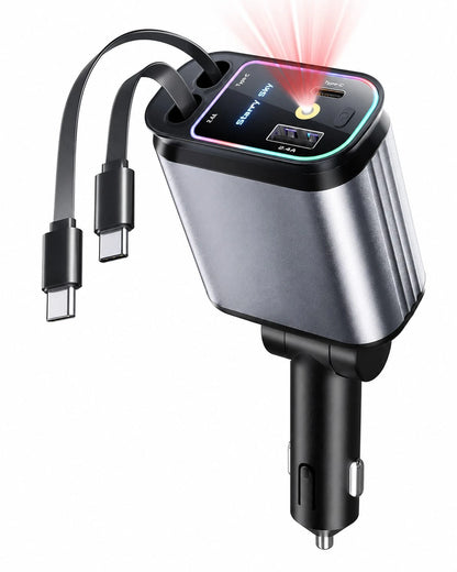 4-In-1 Retractable Car Charger With Dual Type-C Charging Cables, 70cm Extendable Car Phone Charger Adapter, USB-A & Type-C Port, 12V/24V Vehicle Fast Charging Cable With Starry Sky LED Ambient Light,C