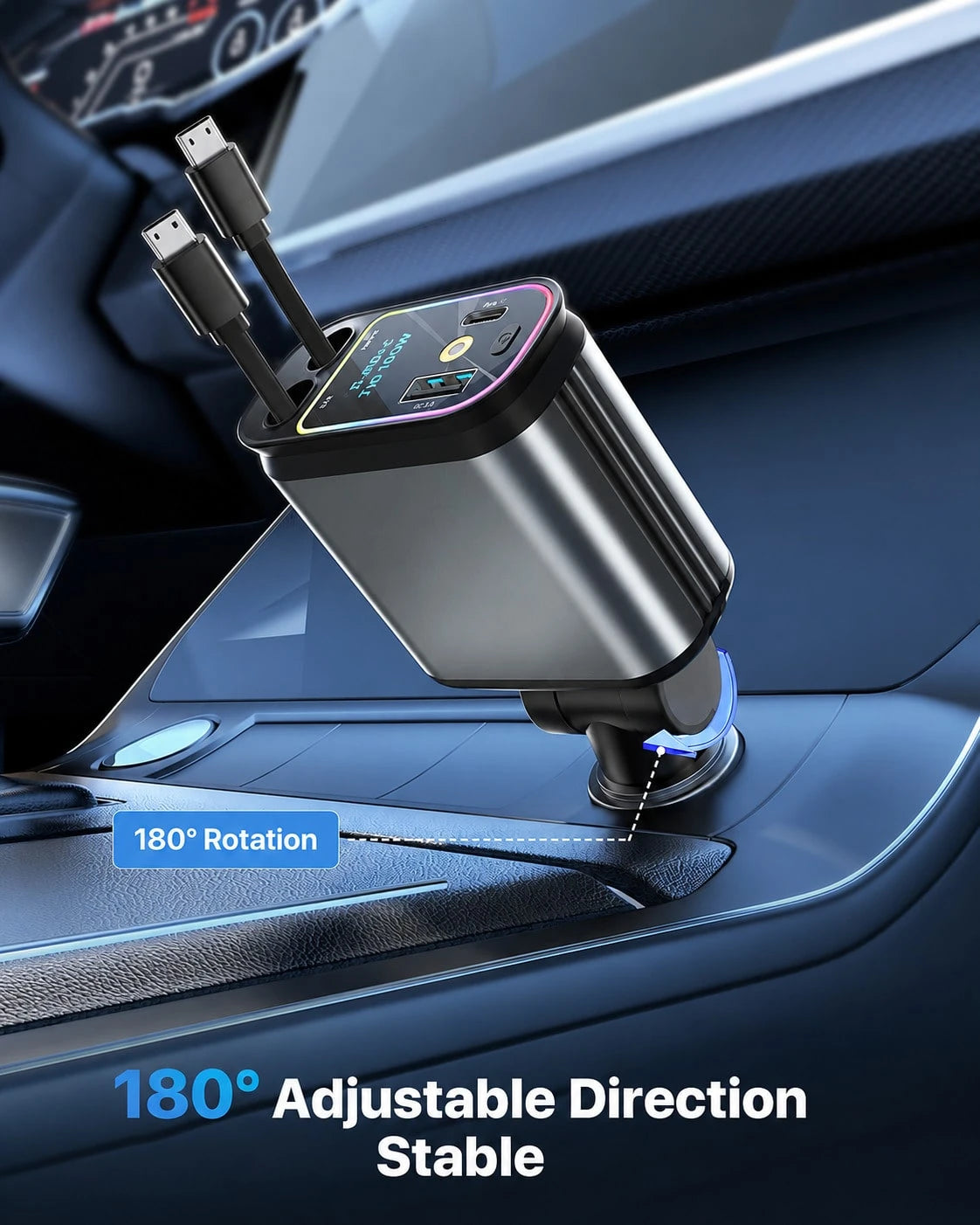 4-In-1 Retractable Car Charger With Dual Type-C Charging Cables, 70cm Extendable Car Phone Charger Adapter, USB-A & Type-C Port, 12V/24V Vehicle Fast Charging Cable With Starry Sky LED Ambient Light,C