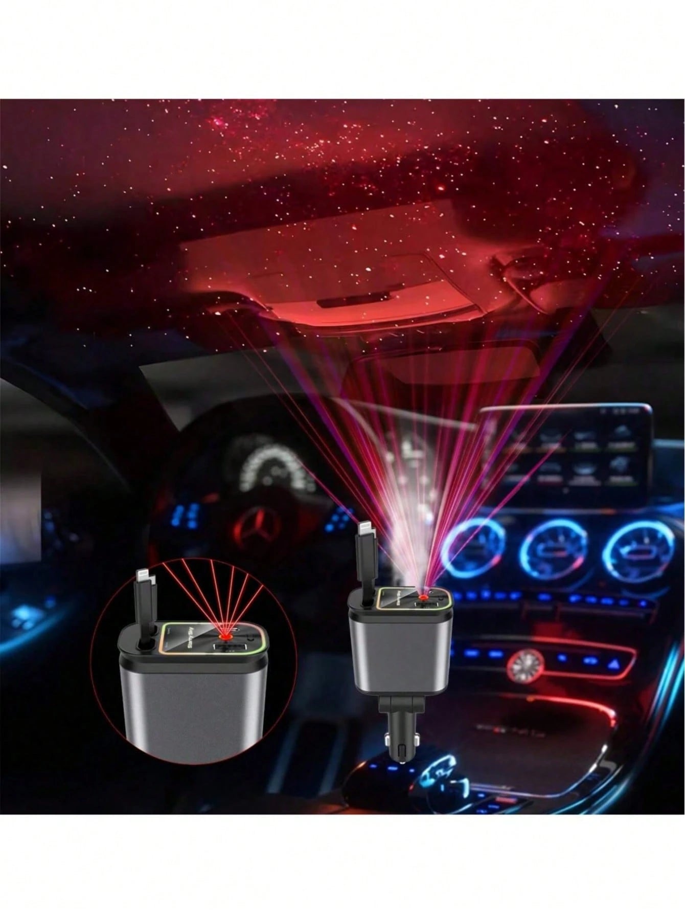 4-In-1 Retractable Car Charger With Dual Type-C Charging Cables, 70cm Extendable Car Phone Charger Adapter, USB-A & Type-C Port, 12V/24V Vehicle Fast Charging Cable With Starry Sky LED Ambient Light,C
