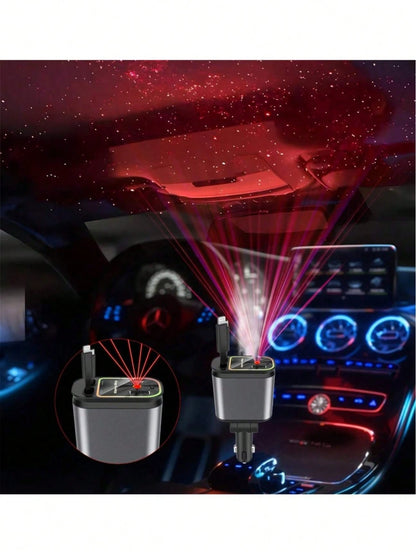 4-In-1 Retractable Car Charger With Dual Type-C Charging Cables, 70cm Extendable Car Phone Charger Adapter, USB-A & Type-C Port, 12V/24V Vehicle Fast Charging Cable With Starry Sky LED Ambient Light,C