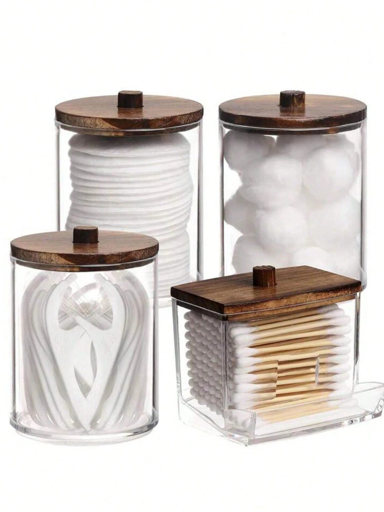 4 Packs Qtip Cosmetic Containers, 10/7 Ounce Round Cosmetic Cleaning Swab Dispenser, Medicine Bottle With Bamboo Lid For Organization And Storage (Brown),For Holiday Beach, Bathroom Collection, Bedroo