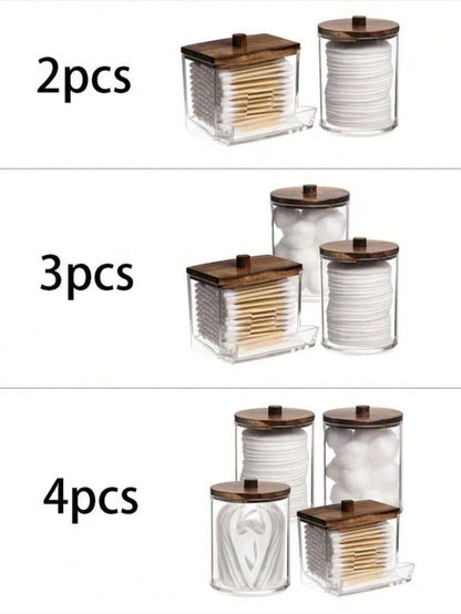 4 Packs Qtip Cosmetic Containers, 10/7 Ounce Round Cosmetic Cleaning Swab Dispenser, Medicine Bottle With Bamboo Lid For Organization And Storage (Brown),For Holiday Beach, Bathroom Collection, Bedroo