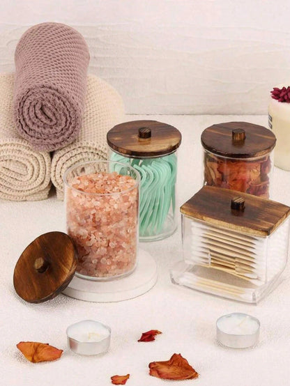 4 Packs Qtip Cosmetic Containers, 10/7 Ounce Round Cosmetic Cleaning Swab Dispenser, Medicine Bottle With Bamboo Lid For Organization And Storage (Brown),For Holiday Beach, Bathroom Collection, Bedroo
