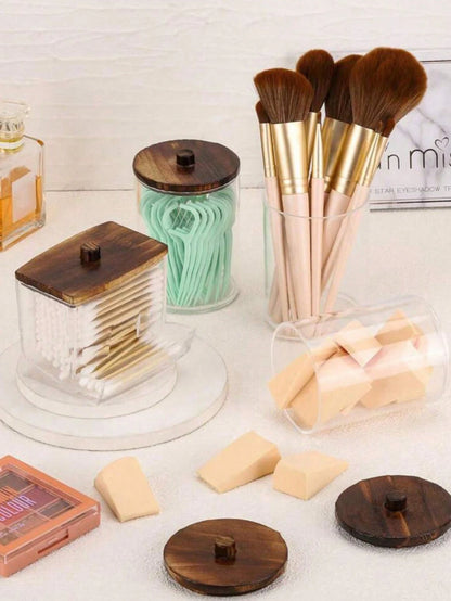 4 Packs Qtip Cosmetic Containers, 10/7 Ounce Round Cosmetic Cleaning Swab Dispenser, Medicine Bottle With Bamboo Lid For Organization And Storage (Brown),For Holiday Beach, Bathroom Collection, Bedroo