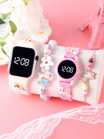 4 Pcs Fashionable & Versatile Children's Watches, Designed For Girls, Affordable Price, Ideal For Back To School Season. These Watches Feature Cartoon Unicorn Patterns, Equipped With LED Digital Point