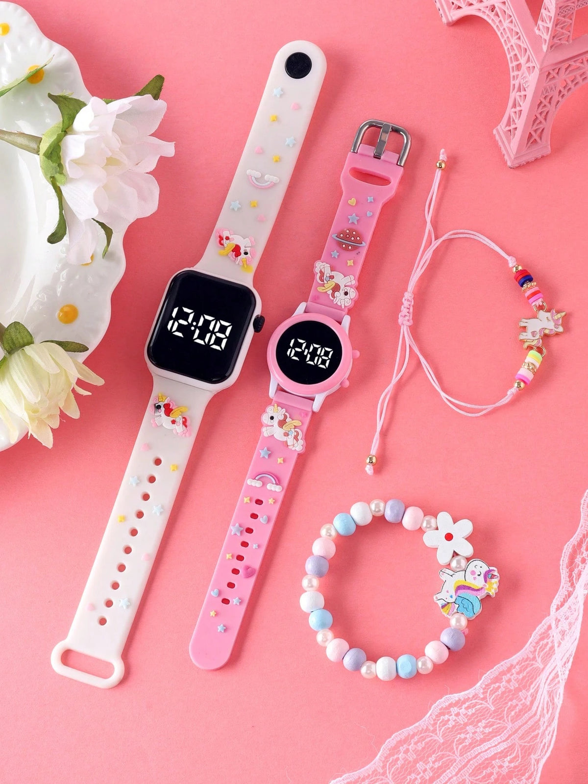 4 Pcs Fashionable & Versatile Children's Watches, Designed For Girls, Affordable Price, Ideal For Back To School Season. These Watches Feature Cartoon Unicorn Patterns, Equipped With LED Digital Point