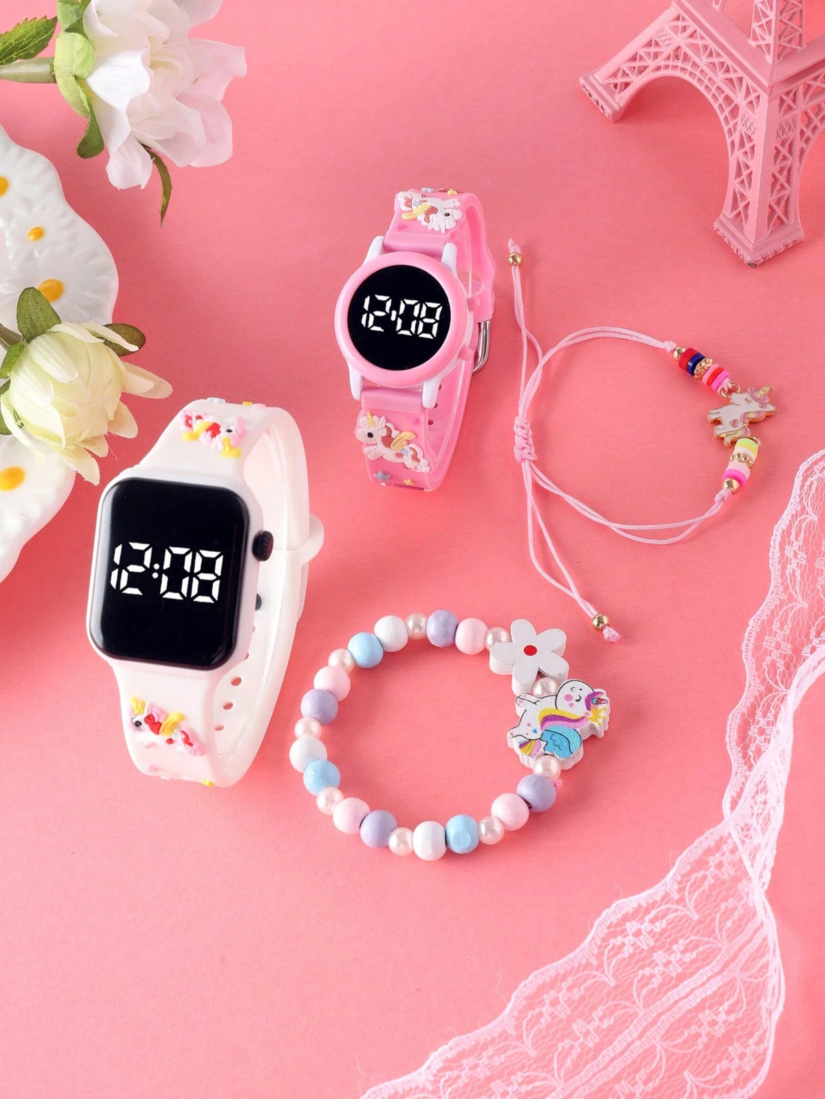 4 Pcs Fashionable & Versatile Children's Watches, Designed For Girls, Affordable Price, Ideal For Back To School Season. These Watches Feature Cartoon Unicorn Patterns, Equipped With LED Digital Point