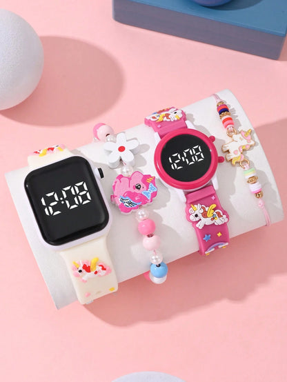 4 Pcs Fashionable & Versatile Children's Watches, Designed For Girls, Affordable Price, Ideal For Back To School Season. These Watches Feature Cartoon Unicorn Patterns, Equipped With LED Digital Point