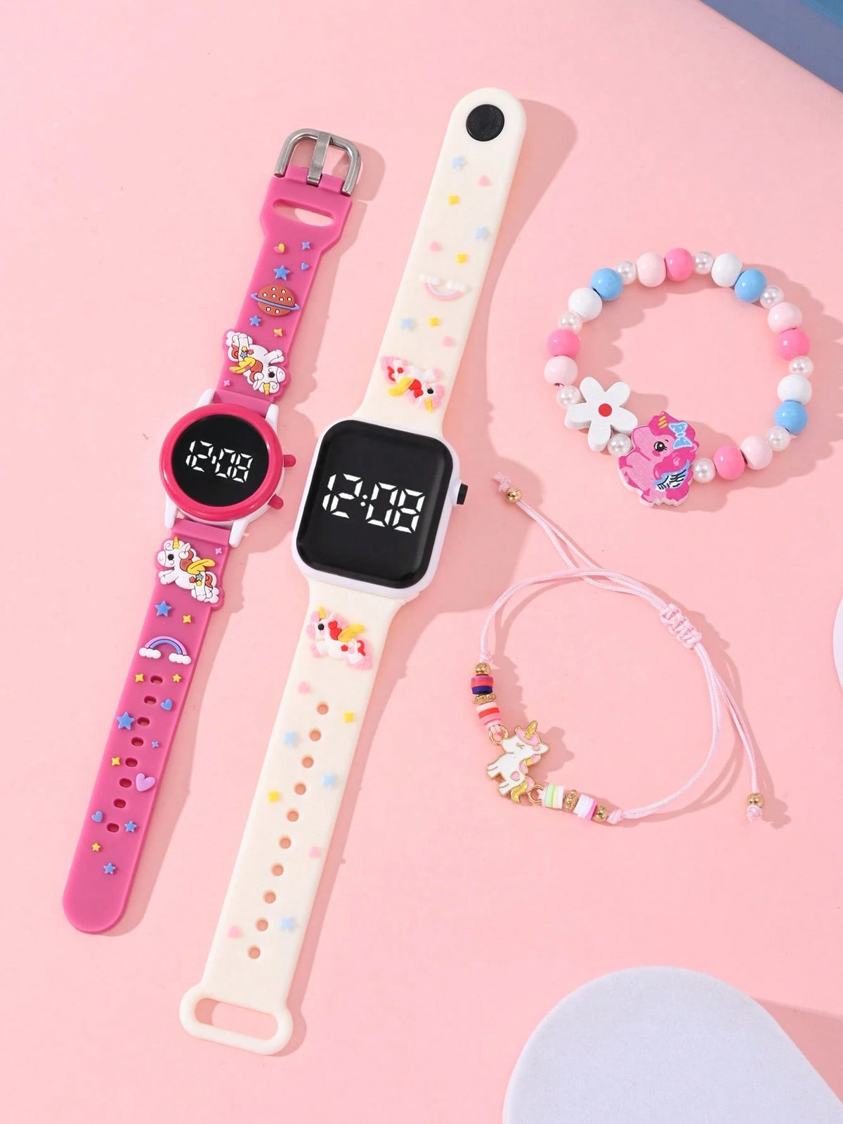 4 Pcs Fashionable & Versatile Children's Watches, Designed For Girls, Affordable Price, Ideal For Back To School Season. These Watches Feature Cartoon Unicorn Patterns, Equipped With LED Digital Point