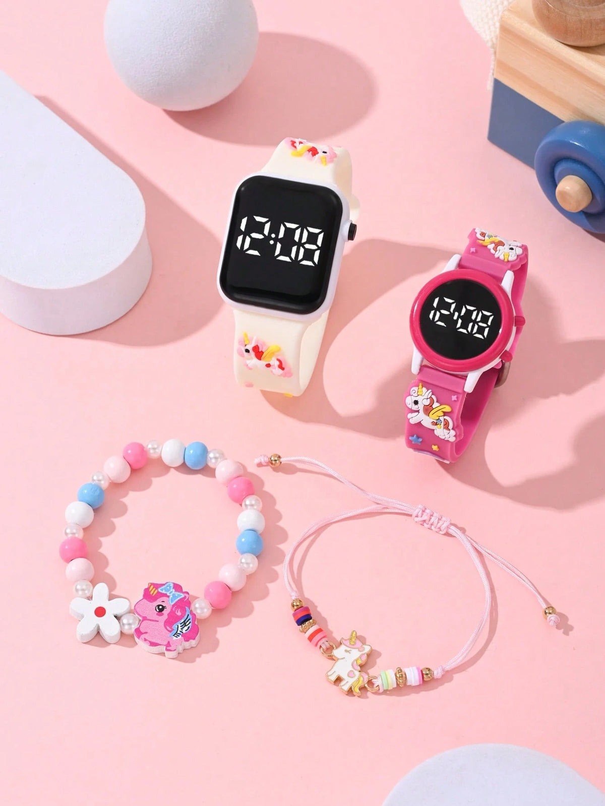 4 Pcs Fashionable & Versatile Children's Watches, Designed For Girls, Affordable Price, Ideal For Back To School Season. These Watches Feature Cartoon Unicorn Patterns, Equipped With LED Digital Point