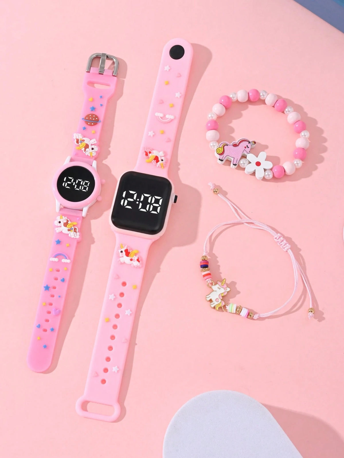 4 Pcs Fashionable & Versatile Children's Watches, Designed For Girls, Affordable Price, Ideal For Back To School Season. These Watches Feature Cartoon Unicorn Patterns, Equipped With LED Digital Point