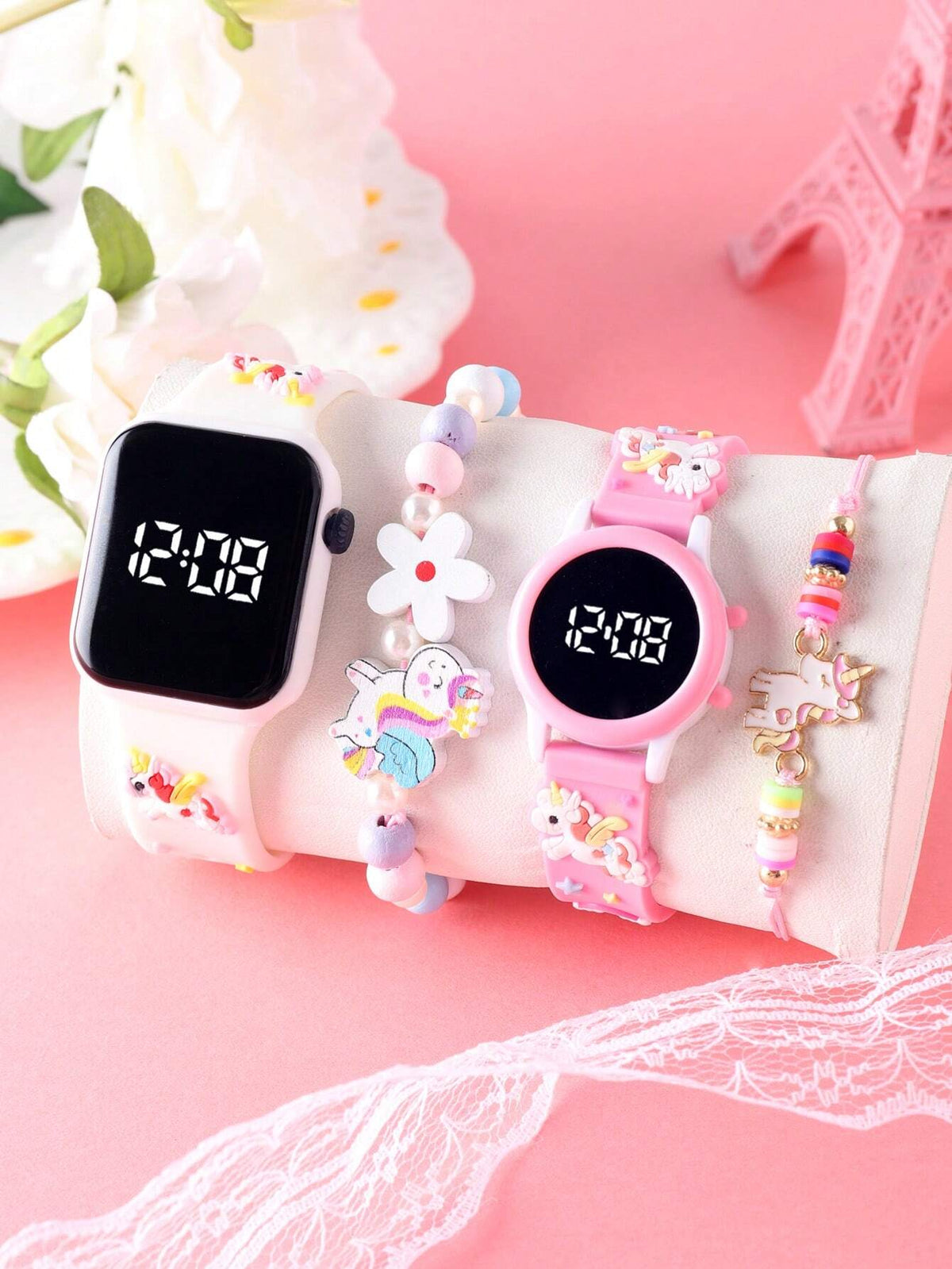 4 Pcs Fashionable & Versatile Children's Watches, Designed For Girls, Affordable Price, Ideal For Back To School Season. These Watches Feature Cartoon Unicorn Patterns, Equipped With LED Digital Point