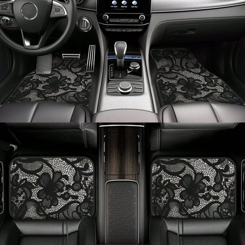 4-Piece Black Lace Pattern Car Floor Mat| Stylish, Easy-To-Clean, Versatile, Suitable For All Models, Durable Polyester Fiber, Long-Lasting Protection, Enhancing Driving Pleasure, Making It The Perfe