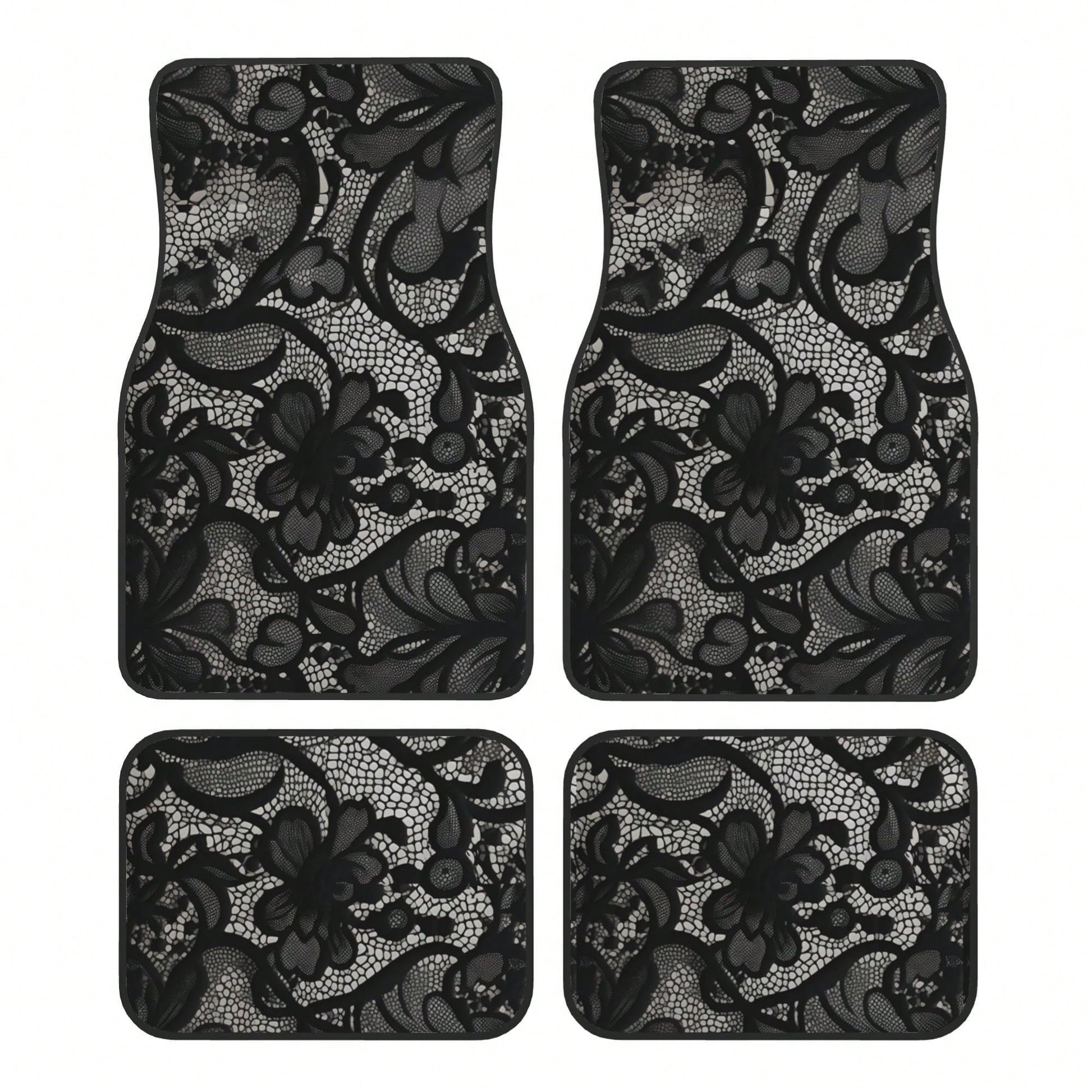 4-Piece Black Lace Pattern Car Floor Mat| Stylish, Easy-To-Clean, Versatile, Suitable For All Models, Durable Polyester Fiber, Long-Lasting Protection, Enhancing Driving Pleasure, Making It The Perfe
