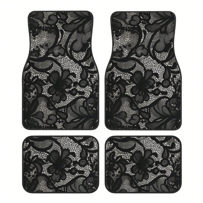 4-Piece Black Lace Pattern Car Floor Mat| Stylish, Easy-To-Clean, Versatile, Suitable For All Models, Durable Polyester Fiber, Long-Lasting Protection, Enhancing Driving Pleasure, Making It The Perfe