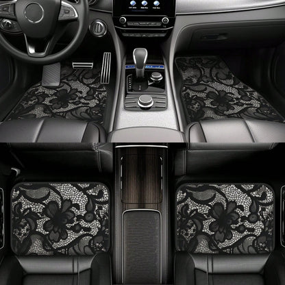 4-Piece Black Lace Pattern Car Floor Mat| Stylish, Easy-To-Clean, Versatile, Suitable For All Models, Durable Polyester Fiber, Long-Lasting Protection, Enhancing Driving Pleasure, Making It The Perfe