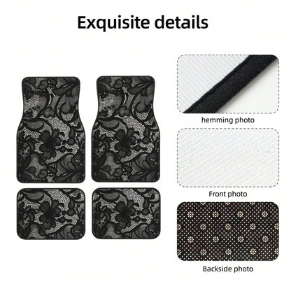 4-Piece Black Lace Pattern Car Floor Mat| Stylish, Easy-To-Clean, Versatile, Suitable For All Models, Durable Polyester Fiber, Long-Lasting Protection, Enhancing Driving Pleasure, Making It The Perfe