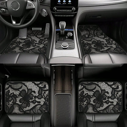 4-Piece Black Lace Pattern Car Floor Mat| Stylish, Easy-To-Clean, Versatile, Suitable For All Models, Durable Polyester Fiber, Long-Lasting Protection, Enhancing Driving Pleasure, Making It The Perfe