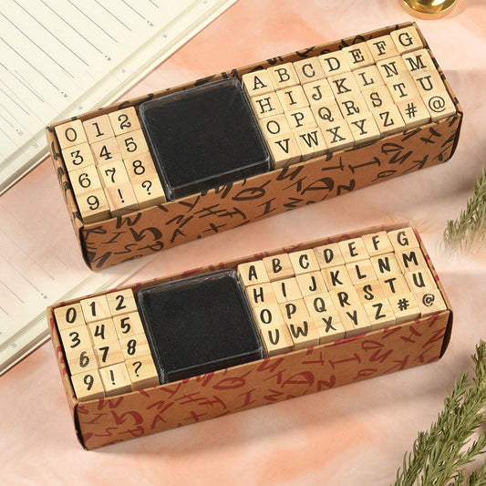 40pcs Wooden Rubber Stamps With Numbers, Letters, Symbols, Plus 1 Ink Pad, DIY Scrapbooking, Diary, Notebook, Art Supplies