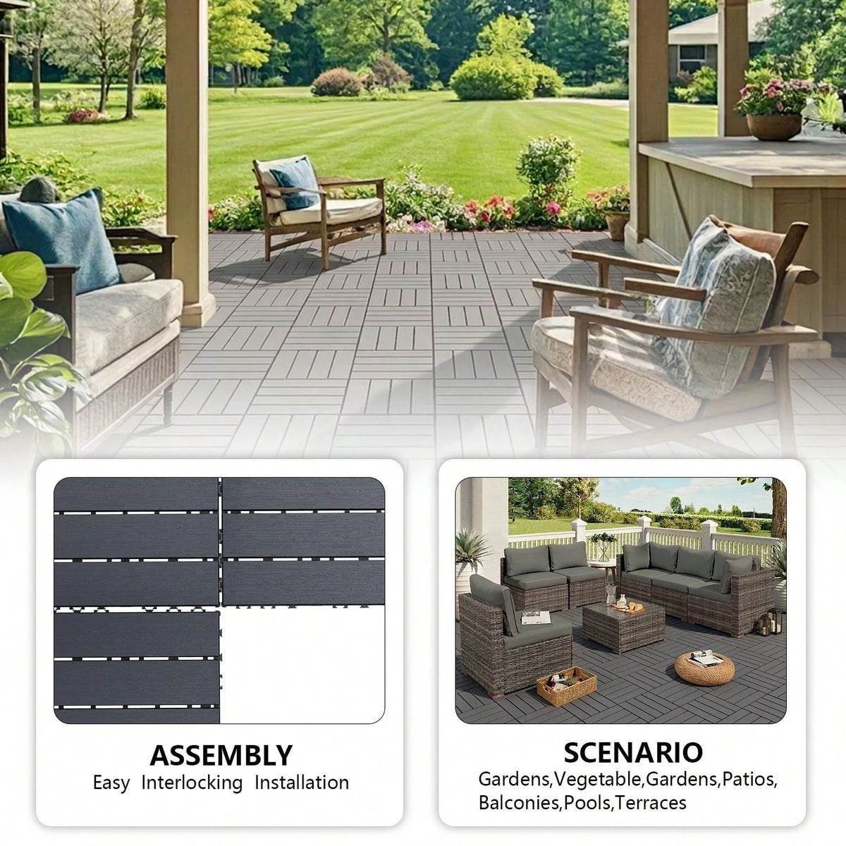 44 Pack 12"X12" Interlocking Deck Tiles, Plastic Waterproof Outdoor Flooring For Patio, Pool, Backyard, Balcony – All-Weather