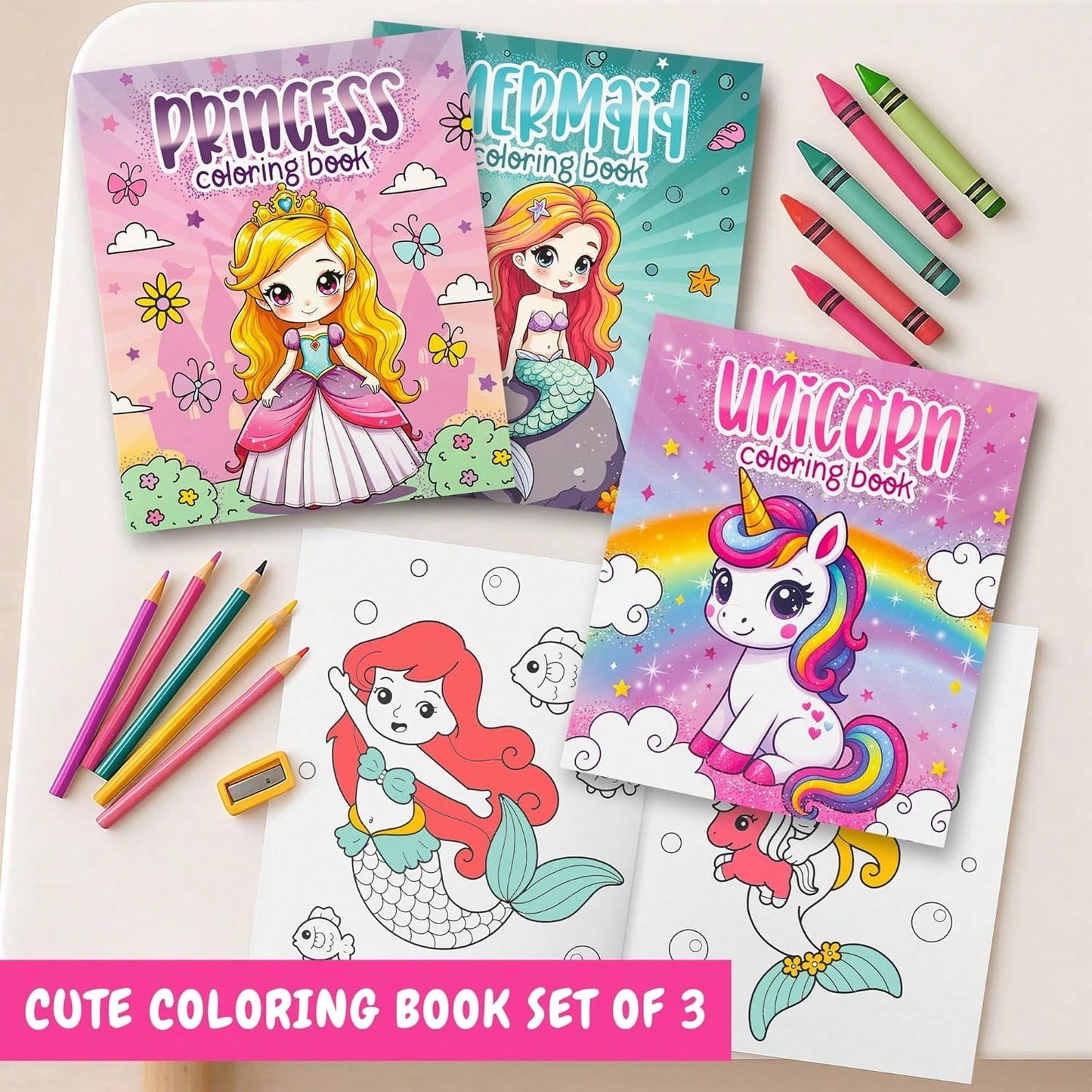 (44 Pages/140gsm/143g Per Book > Ama 130g) Children's Fun Coloring Book – Cute Princess, Unicorn And Mermaid Coloring Book, Suitable For 4–8 Year Old Girls – Easy To Color, With Magic Theme, Gift For