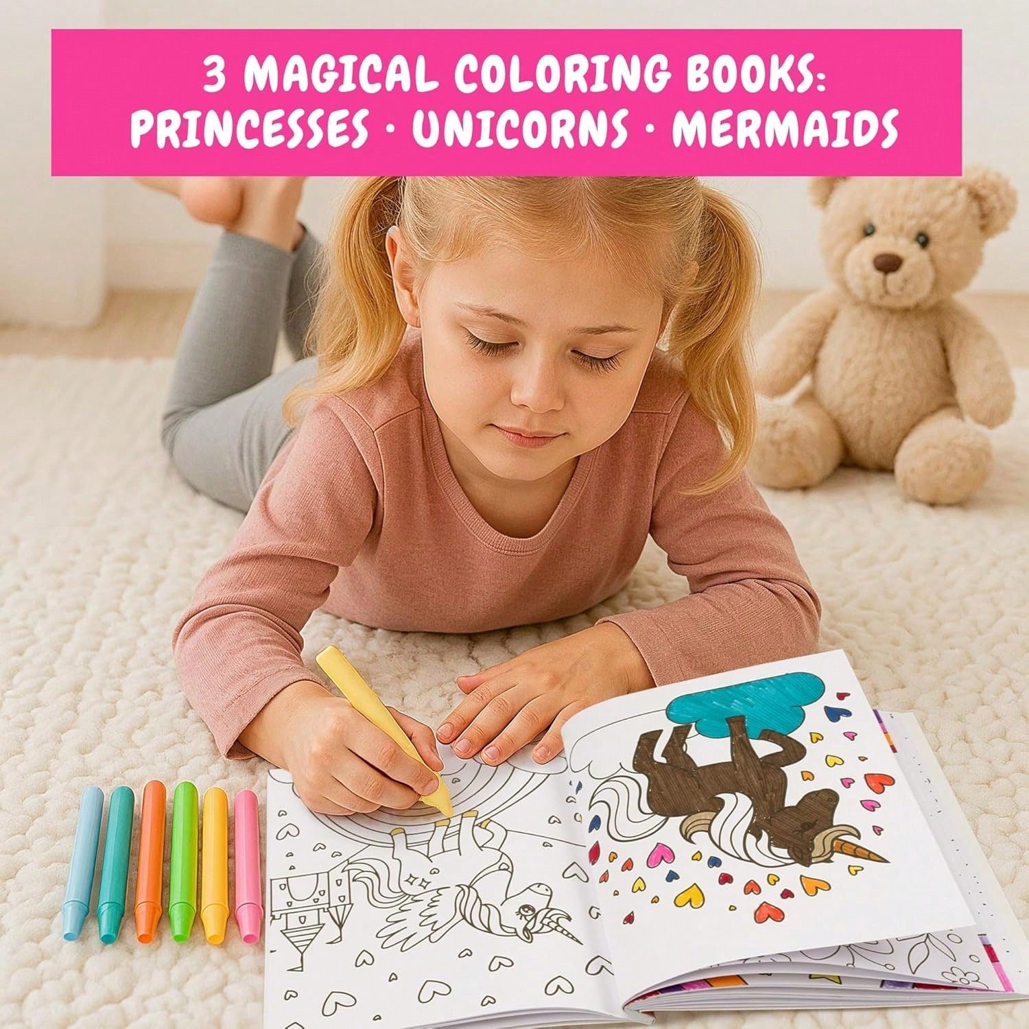 (44 Pages/140gsm/143g Per Book > Ama 130g) Children's Fun Coloring Book – Cute Princess, Unicorn And Mermaid Coloring Book, Suitable For 4–8 Year Old Girls – Easy To Color, With Magic Theme, Gift For