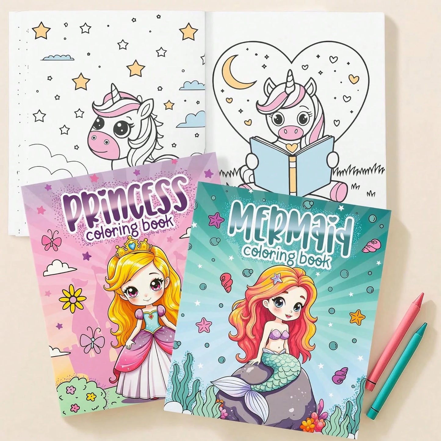 (44 Pages/140gsm/143g Per Book > Ama 130g) Children's Fun Coloring Book – Cute Princess, Unicorn And Mermaid Coloring Book, Suitable For 4–8 Year Old Girls – Easy To Color, With Magic Theme, Gift For
