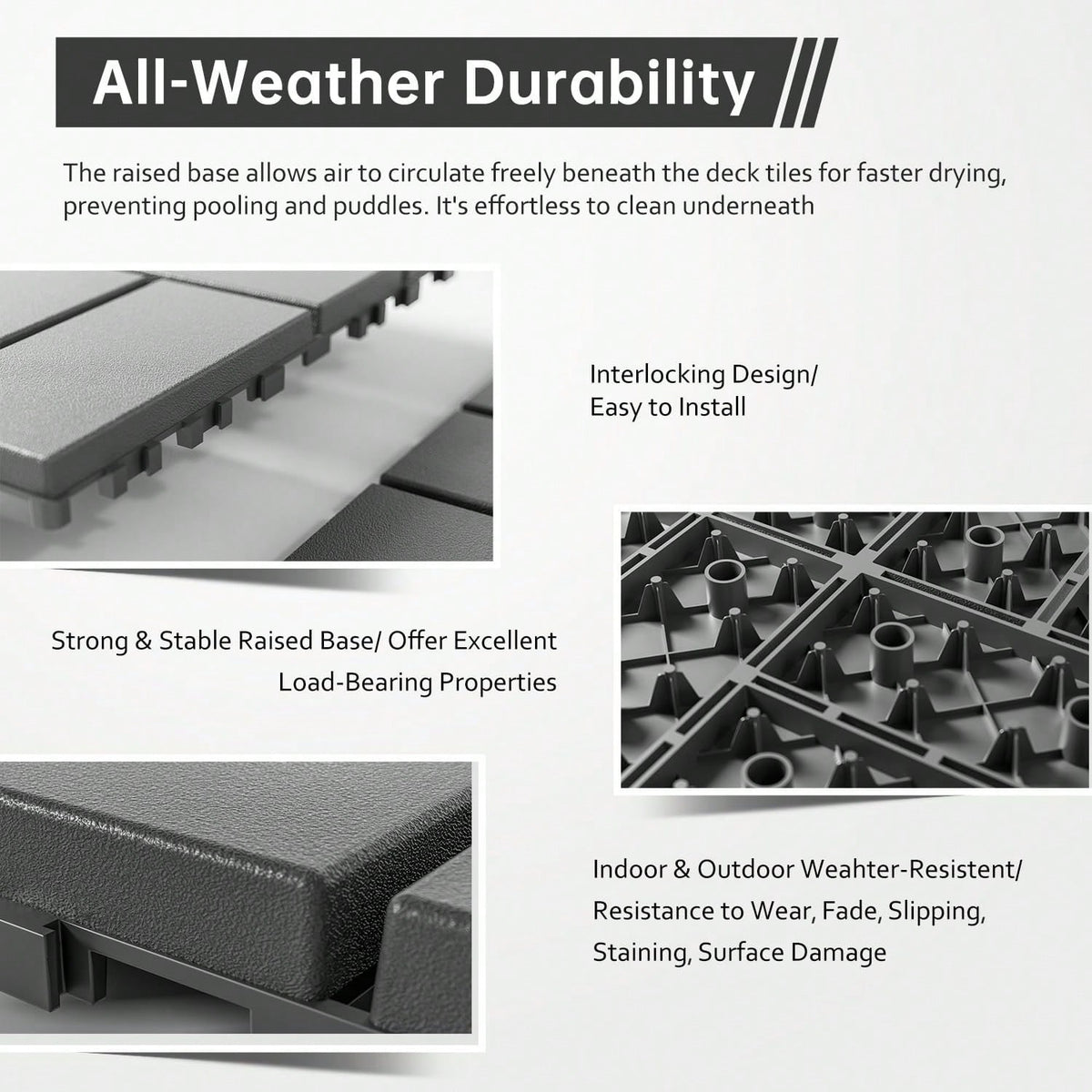 44-Piece 12x12 Inch Outdoor Floor Tiles| Waterproof, Anti-Slip & Interlocking Type, No-Tool Assembly For Poolside/ Balcony/ Backyard Patio Flooring