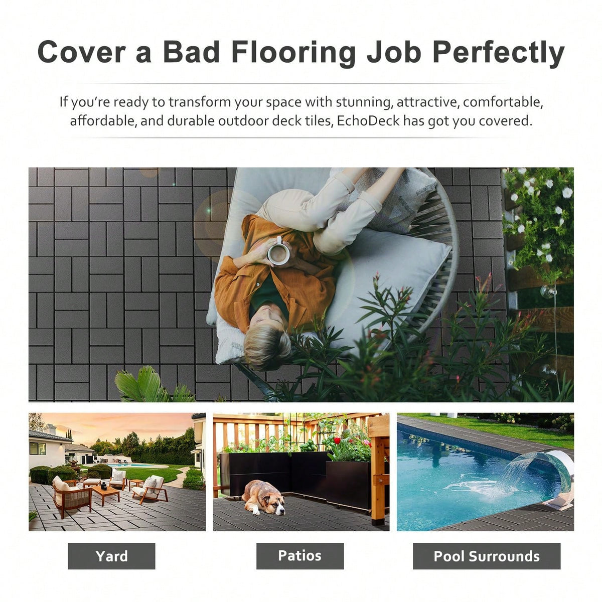 44-Piece 12x12 Inch Outdoor Floor Tiles| Waterproof, Anti-Slip & Interlocking Type, No-Tool Assembly For Poolside/ Balcony/ Backyard Patio Flooring