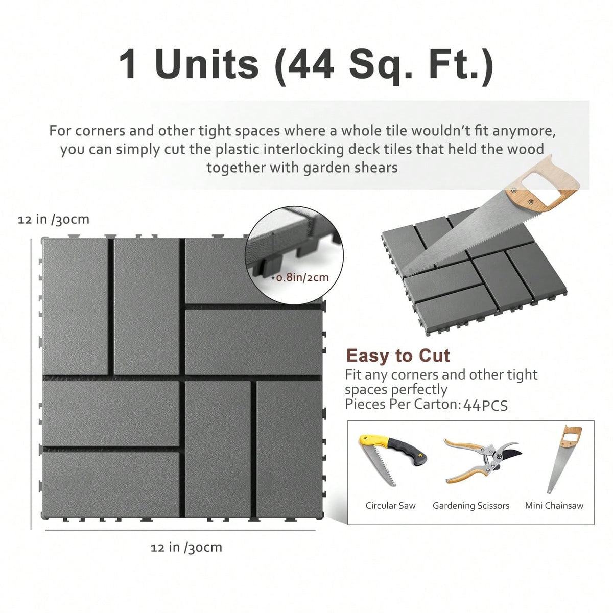 44-Piece 12x12 Inch Outdoor Floor Tiles| Waterproof, Anti-Slip & Interlocking Type, No-Tool Assembly For Poolside/ Balcony/ Backyard Patio Flooring